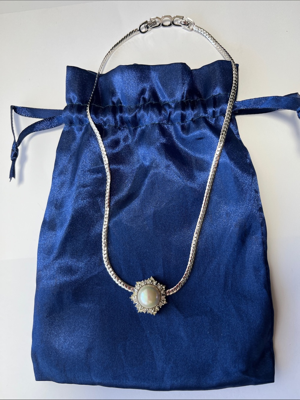 Dior Silver Necklace with White Pearl Center and Crystal Halo